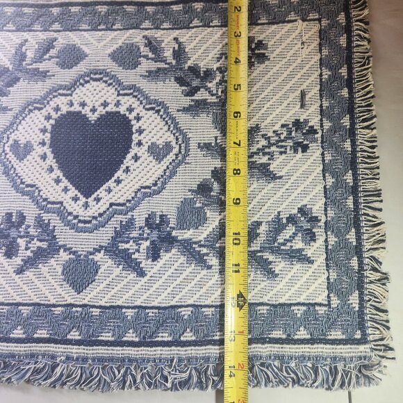 Set Of 2 placemats Vintage Blue & White Heart Floral Woven Fringe cottagecore - Picture 6 of 6